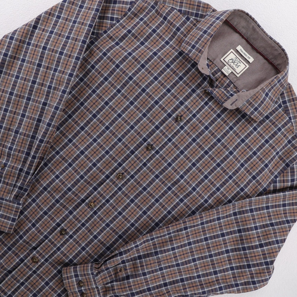 Jos. A Bank 1906 Tailored Fit Plaid Button Down Shirt Mens XL Brown Blue Stretch